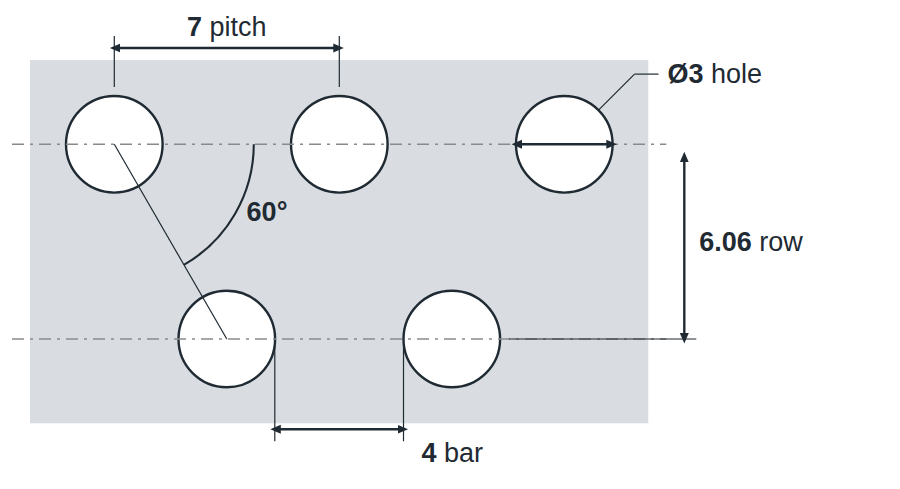 R3 T7 hole layout: 3mm round holes, 7mm staggered pitch, 4mm bar, 6.06mm row spacing