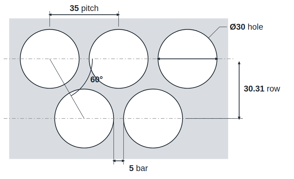 R30 T35 hole layout: 30mm round holes, 35mm staggered pitch, 5mm bar, 30.31mm row spacing