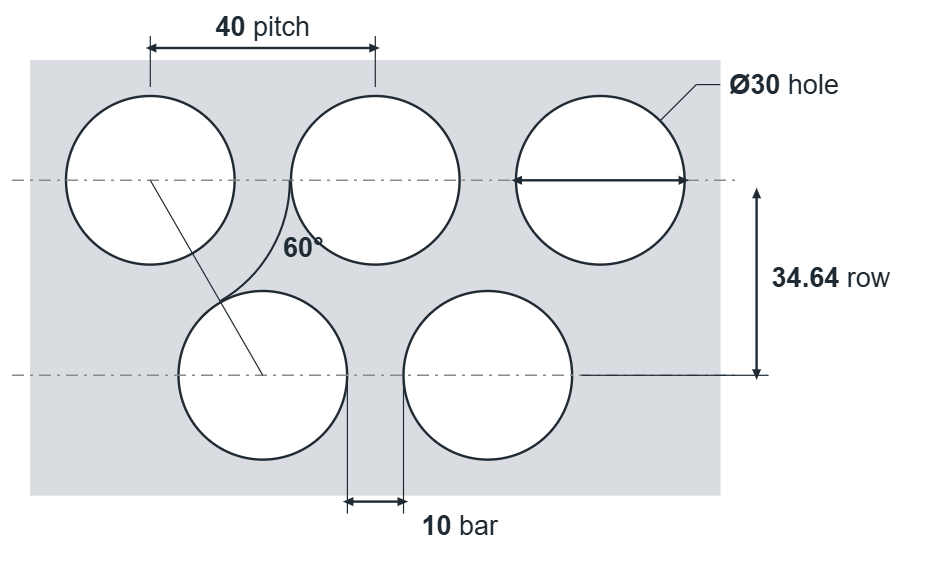 R30 T40 hole layout: 30mm round holes, 40mm staggered pitch, 10mm bar, 34.64mm row spacing