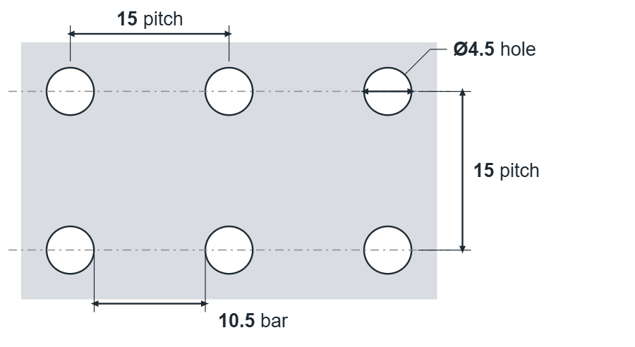 R4.5 U15 hole layout: 4.5mm round holes, 15mm square pitch, 10.5mm bar
