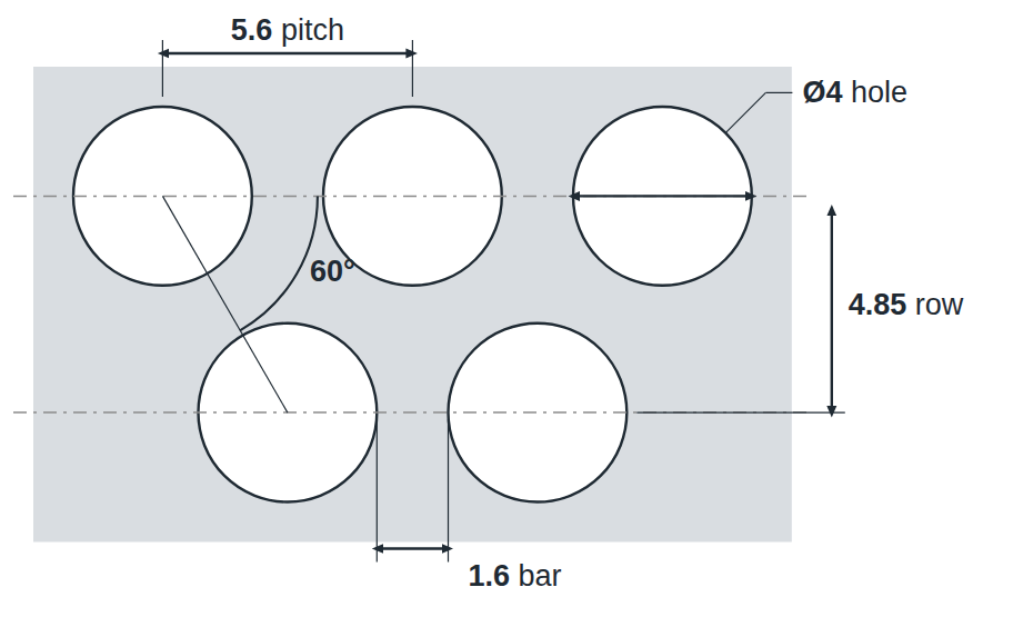 R4 T5.6 hole layout: 4mm round holes, 5.6mm staggered pitch, 1.6mm bar, 4.85mm row spacing