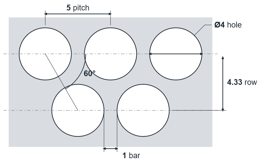 R4 T5 hole layout: 4mm round holes, 5mm staggered pitch, 1mm bar, 4.33mm row spacing