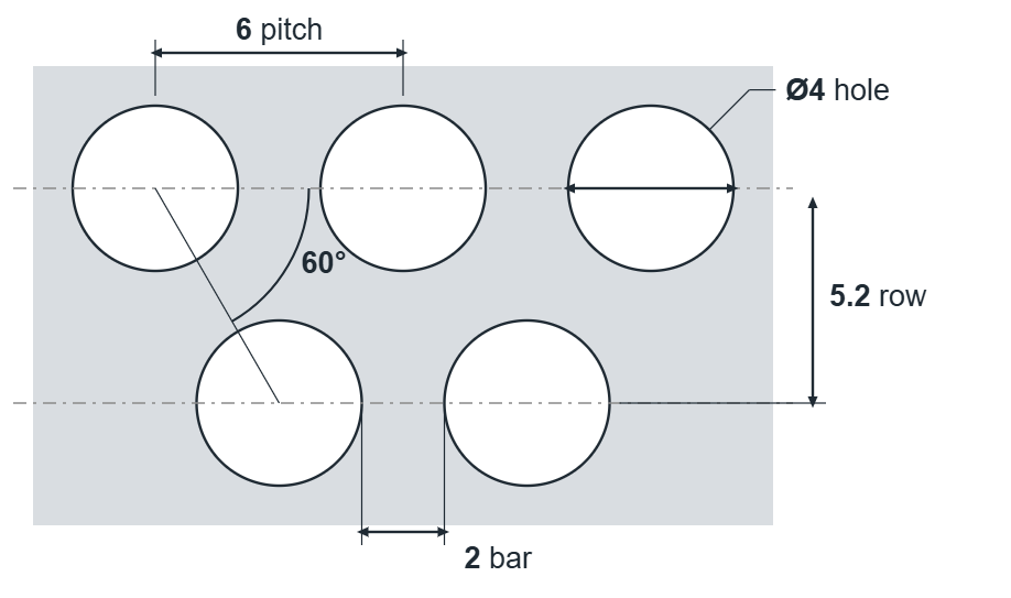 R4 T6 hole layout: 4mm round holes, 6mm staggered pitch, 2mm bar, 5.2mm row spacing