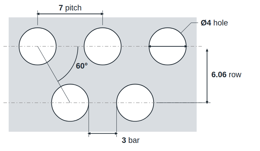 R4 T7 hole layout: 4mm round holes, 7mm staggered pitch, 3mm bar, 6.06mm row spacing