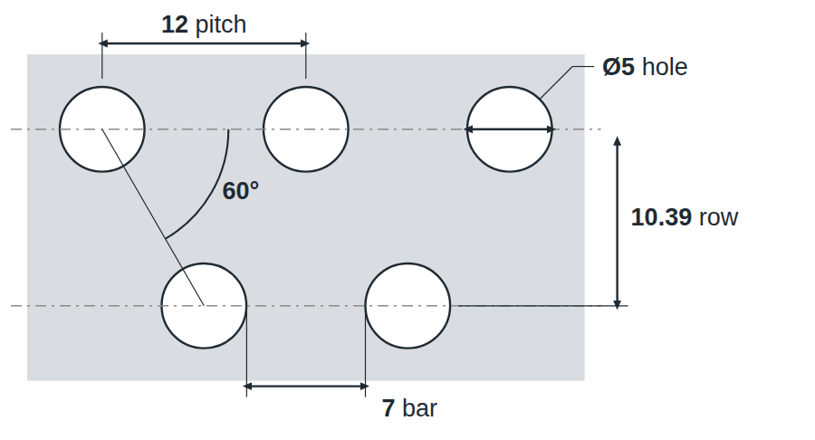 R5 T12 hole layout: 5mm round holes, 12mm staggered pitch, 7mm bar, 10.39mm row spacing