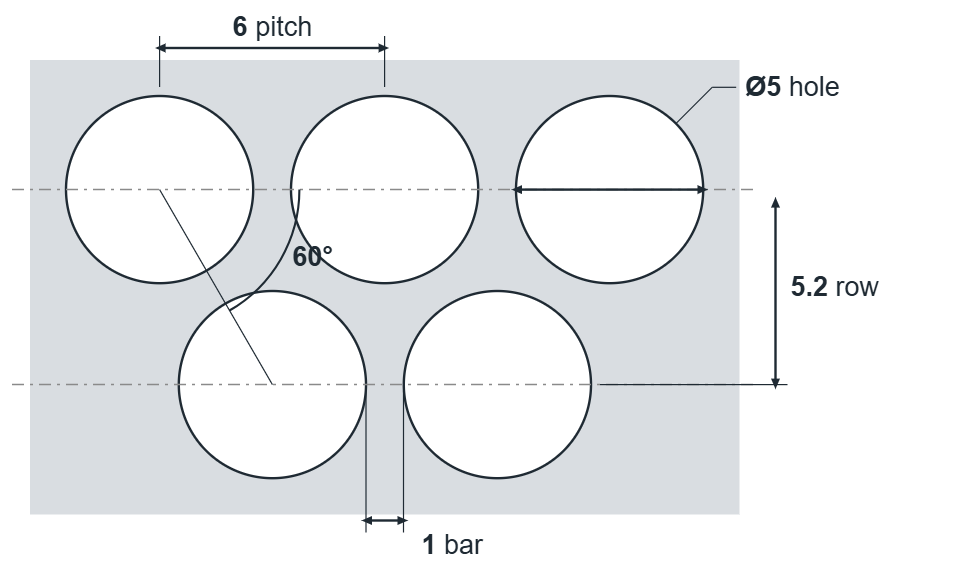 R5 T6 hole layout: 5mm round holes, 6mm staggered pitch, 1mm bar, 5.2mm row spacing