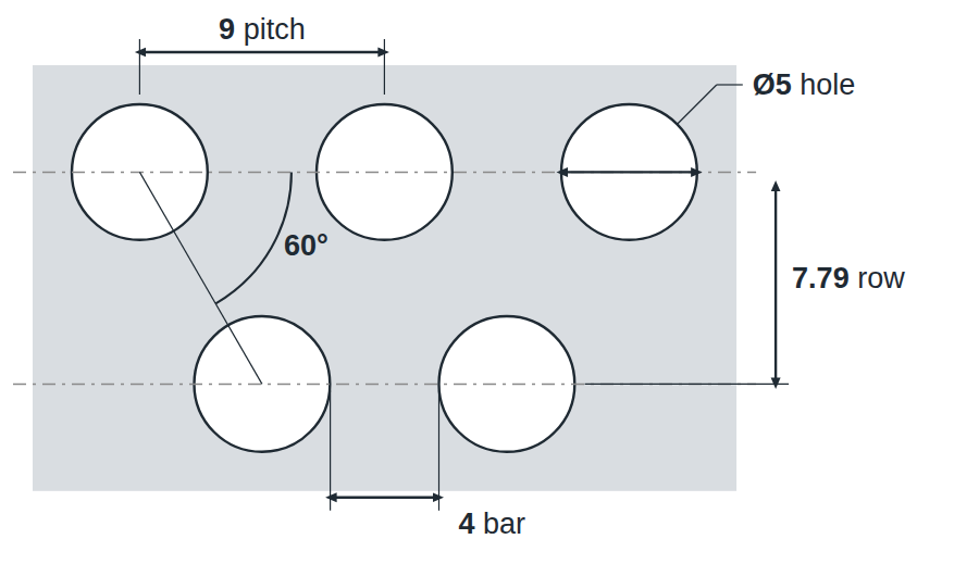R5 T9 hole layout: 5mm round holes, 9mm staggered pitch, 4mm bar, 7.79mm row spacing