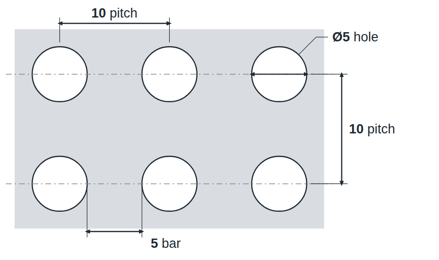 R5 U10 hole layout: 5mm round holes, 10mm square pitch, 5mm bar