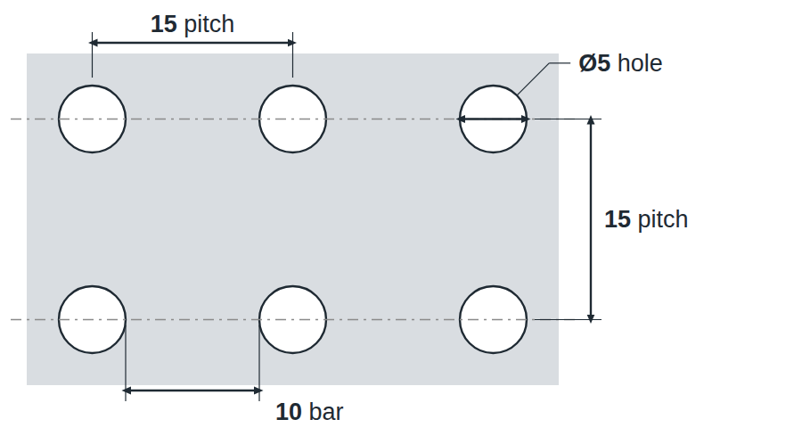 R5 U15 hole layout: 5mm round holes, 15mm square pitch, 10mm bar