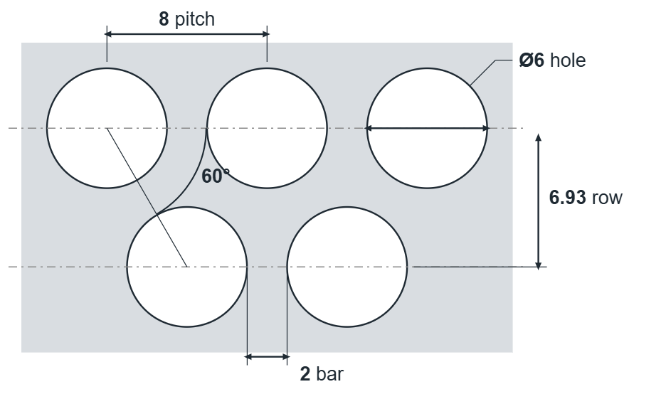 R6 T8 hole layout: 6mm round holes, 8mm staggered pitch, 2mm bar, 6.93mm row spacing