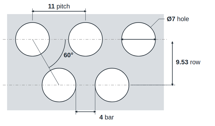 R7 T11 hole layout: 7mm round holes, 11mm staggered pitch, 4mm bar, 9.53mm row spacing