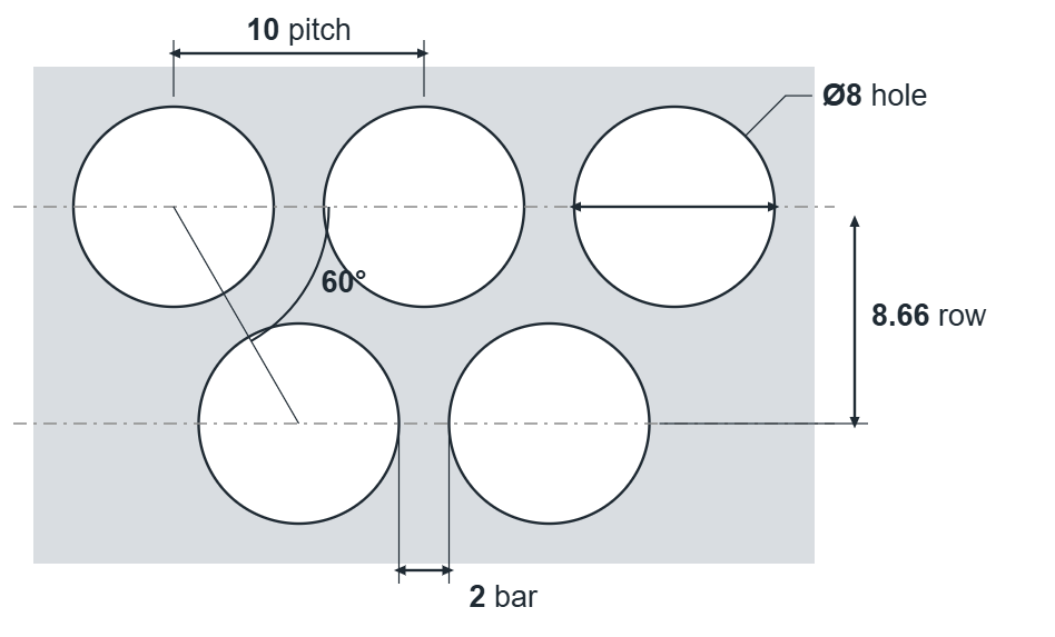R8 T10 hole layout: 8mm round holes, 10mm staggered pitch, 2mm bar, 8.66mm row spacing