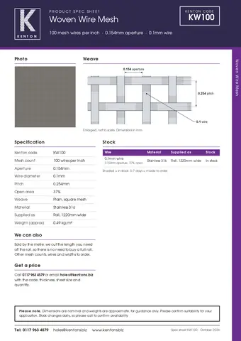 Kenton spec sheet for KW100