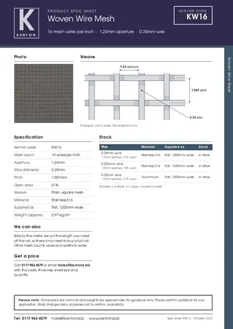 Kenton spec sheet for KW16