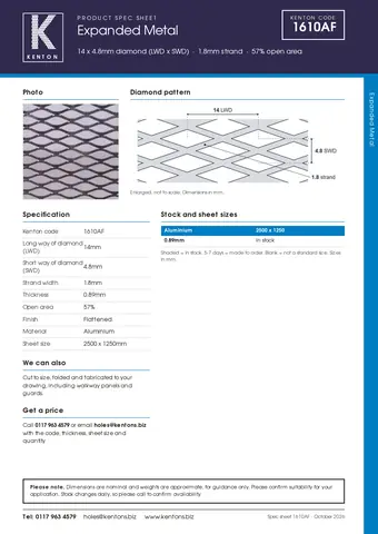 Kenton spec sheet for 1610AF