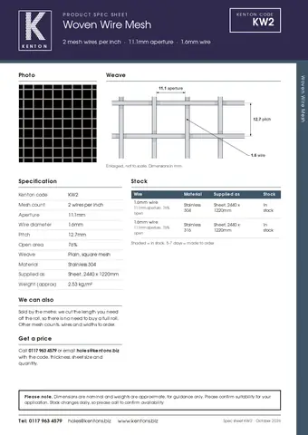 Kenton spec sheet for KW2