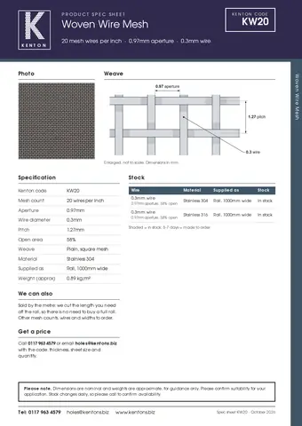 Kenton spec sheet for KW20