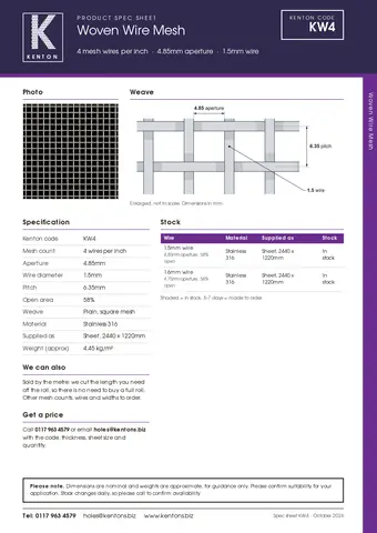 Kenton spec sheet for KW4