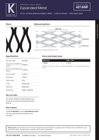 Kenton spec sheet for 4216MF
