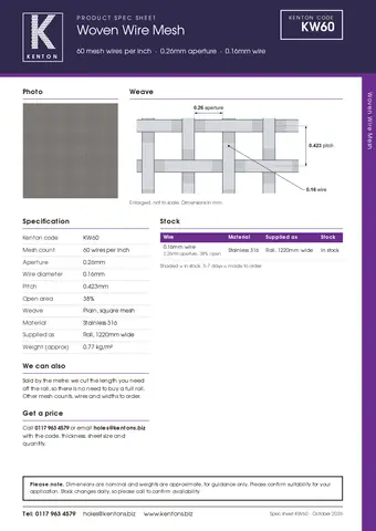 Kenton spec sheet for KW60