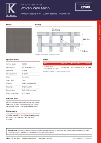 Kenton spec sheet for KW80