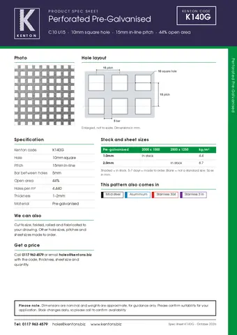 Kenton spec sheet for K140G