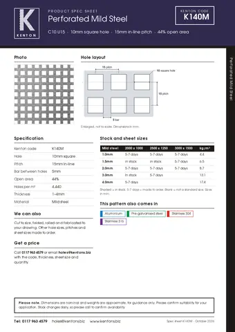 Kenton spec sheet for K140M