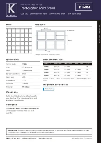 Kenton spec sheet for K160M