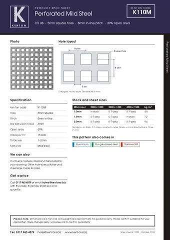 Kenton spec sheet for K110M