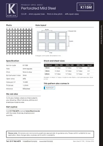 Kenton spec sheet for K115M