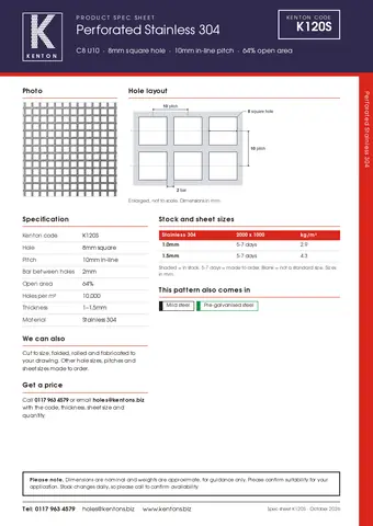 Kenton spec sheet for K120S