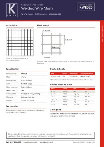 Kenton spec sheet for ¼" x ¼" welded mesh