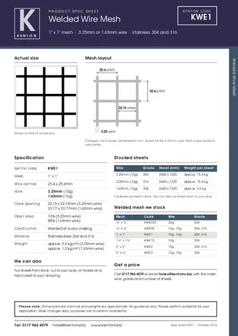Kenton spec sheet for 1" x 1" welded mesh