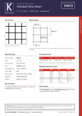 Kenton spec sheet for 1½" x 1½" welded mesh