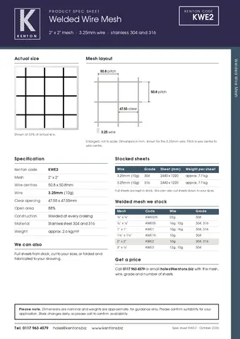 Kenton spec sheet for 2" x 2" welded mesh