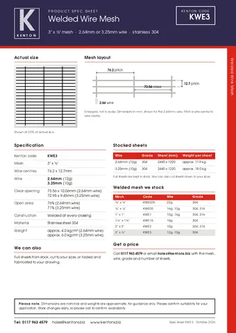 Kenton spec sheet for 3" x ½" welded mesh