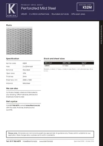 Kenton spec sheet for KS2M