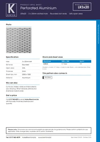Kenton spec sheet for 3 x 20mm slotted hole aluminium perforated sheet