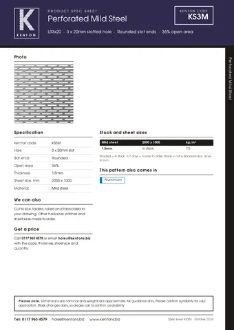 Kenton spec sheet for KS3M