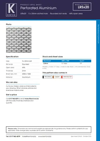 Kenton spec sheet for 5 x 20mm slotted hole aluminium perforated sheet