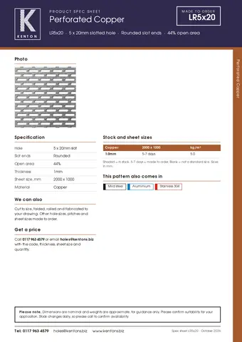 Kenton spec sheet for 5 x 20mm slotted hole copper perforated sheet