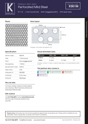 Kenton spec sheet for K001M