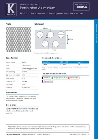 Kenton spec sheet for K005A