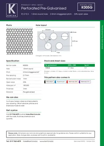 Kenton spec sheet for K005G