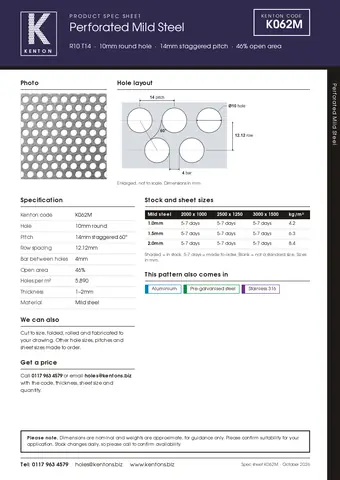 Kenton spec sheet for K062M