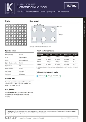 Kenton spec sheet for K430M
