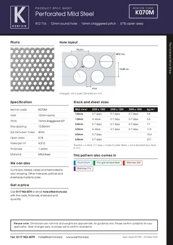 Kenton spec sheet for K070M