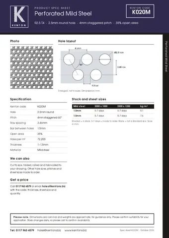 Kenton spec sheet for K020M