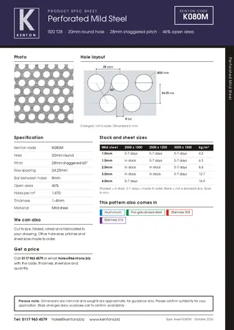 Kenton spec sheet for K080M