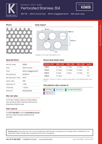 Kenton spec sheet for K080S